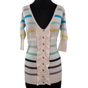 Charlotte Tarantola Y2k Cardigan Striped Rhinestone Ruffle 3/4 Sleeve Small NWOT